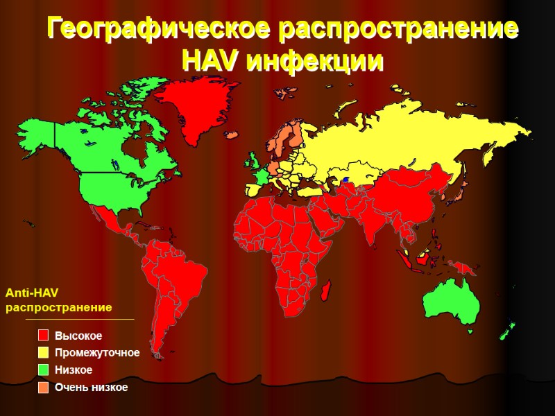 Географическое распространение HAV инфекции Anti-HAV распространение Высокое Промежуточное Низкое Очень низкое Географическое распространение HAV инфекции Anti-HAV распространение Высокое Промежуточное Низкое Очень низкое